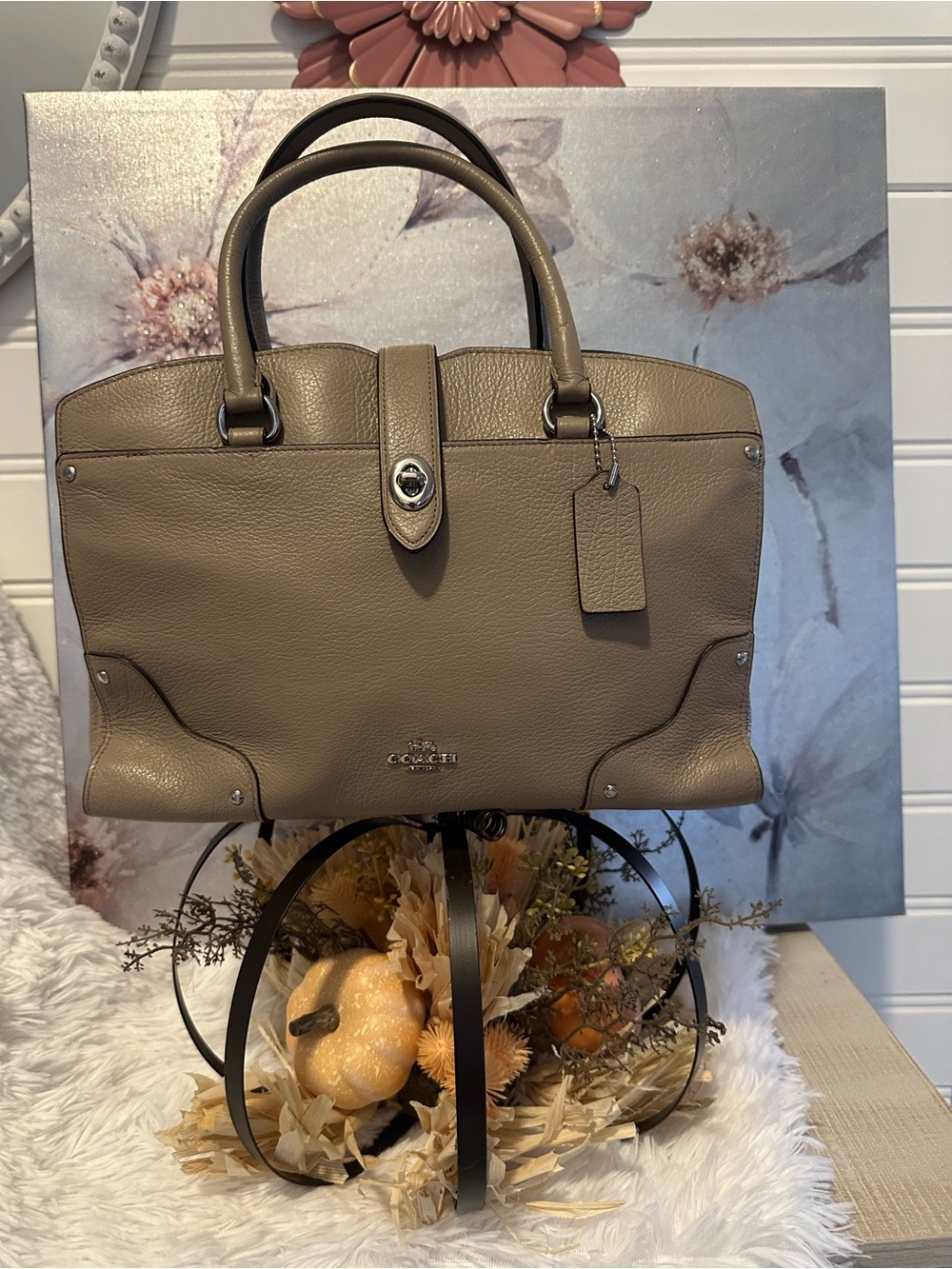 Coach Taupe Pebbled Leather Satchel with Turn-Lock,Croosbody